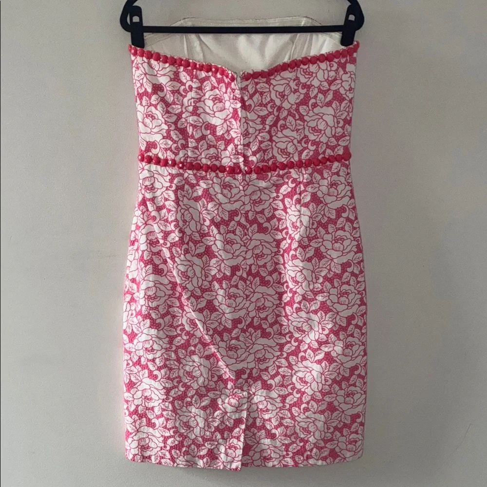 Lilly Pulitzer Allegra White Pink Roses Beaded Strapless Eyelet Lace‎ Dress - Picture 4 of 5